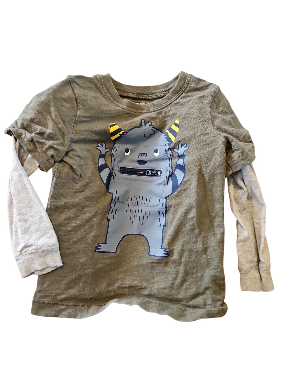 Kids Olive Green Monster Layered-Look Long Sleeve Shirt Carter's Size 3t